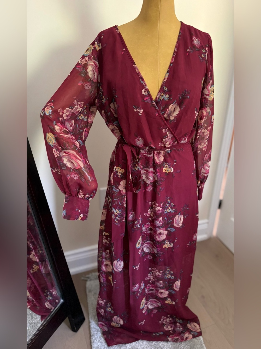 SUPERFOXX Floral Wrap Maxi Dress in Deep Burgundy (M)